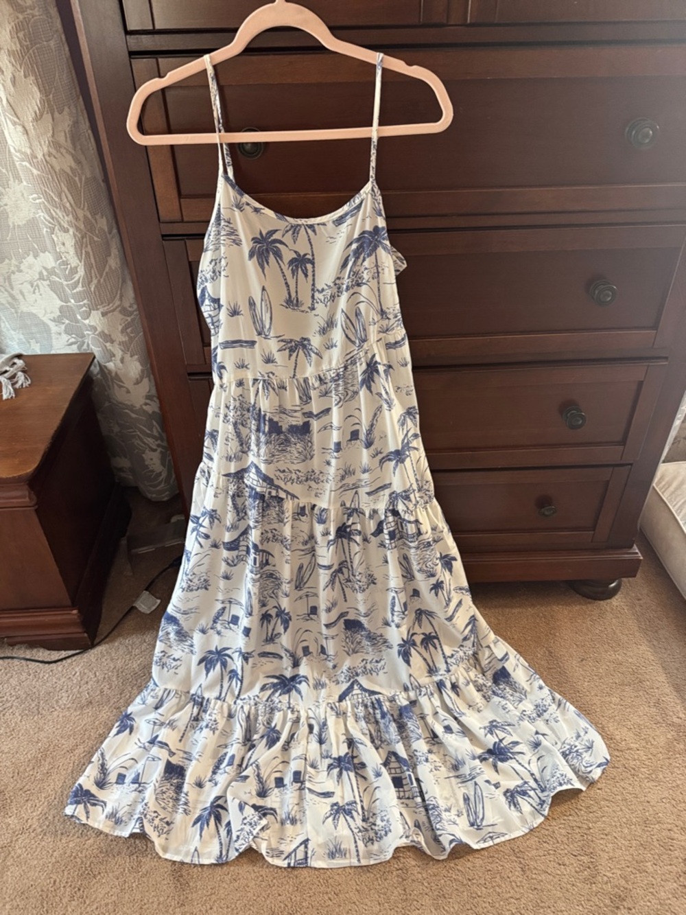 Sleeveless Blue Palm Print Maxi Dress - White & Blue